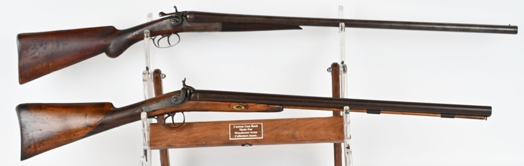 2- ANTIQUE SxS SHOTGUNS, PERCUSSION & CARTRIDGE: Lot includes: 1. PERUCSSION SHOTGUN, SERIAL NUMBER: NSN BARRELS: 27", CALIBER: 16 Gauge, LOP 14", Near relic condition, dark metal with pitting, action works properly on right lock, left lock has good