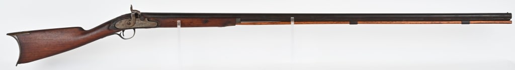 COMPOSITE J & S HAWKENS PERUCSSION FOWLER: SERIAL NUMBER: NSN . BARREL: 44", CALIBER: about .58., The fowler appears to be a English half stock smooth bore, with a contemporary J & S Hawkins percussion lock. There are 3 English proofs on left 