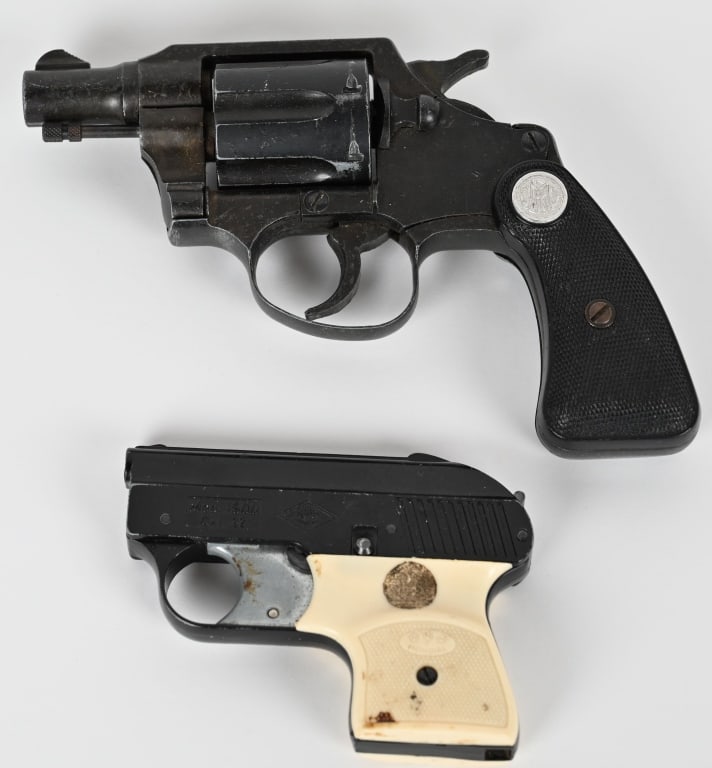 LOT OF PROP REVOLVER AND STARTER PISTOL: ITALIAN MONDIAL MODEL 1900 STARTER PISTOL, .22 CAL COLT POLICE POSITIVE REPLICA PROP PISTOL. NON FIRING .38 CAL