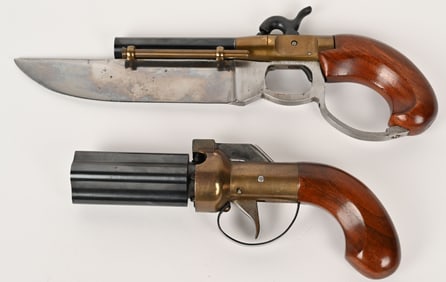 CUTLASS AND 4 SHOT PEPPER BOX BLACK POWDER PISTOLS