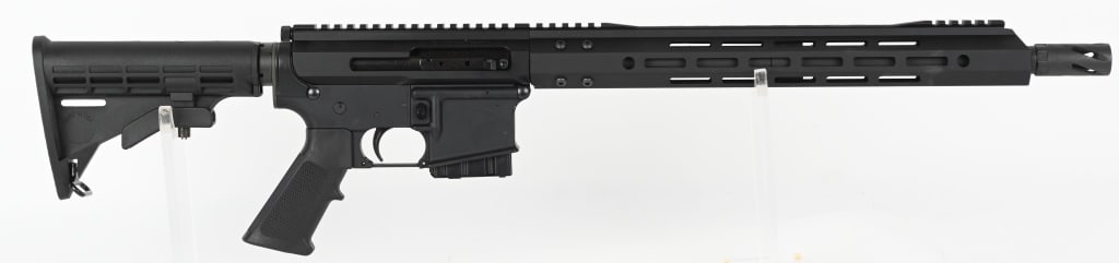 BEAR CREEK ARSENAL 450 BUSHMASTER AR15 SEMI-AUTO: SERIAL NUMBER: A099880. BARREL: 16". CALIBER: Multi / .450 Bushmaster. This BCA AR-15 complete .450 Bushmaster rifle has a 18" heavy barrel with a parkerized finish, and features a 1:24 twist rate, wi