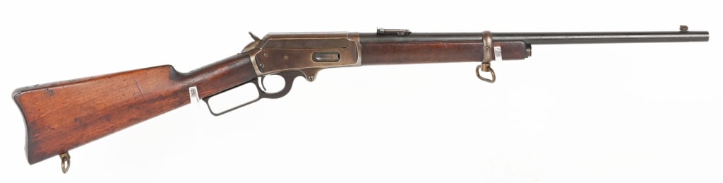 MARLIN MODEL 1893 SADDLE RING CARBINE: SERIAL NUMBER: 221859. BARREL: 20". CALIBER: 30-30 WINCHESTER. MANUFACTURED: 1894-1900 . Blue finished barrel and mag tube with Case color receiver and lever. Wood is smooth finished with crescent sha