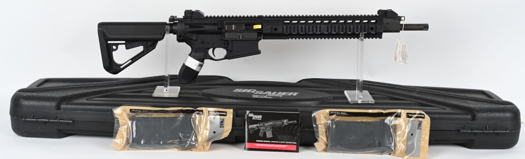 SIG SAUER SIG716 SEMI AUTO RIFLE WITH CASE: SERIAL NUMBER: 22C017340. BARREL: 18-1/2". CALIBER: 7.62X51 NATO. MANUFACTURED: 2010s. Factory barrel with a threaded muzzle and "1/10" twist rate. Piston driven gun, with a low profile gas block. Fac