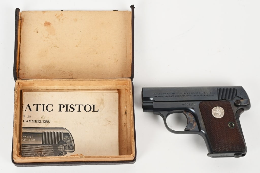 BOXED COLT VEST POCKET MODEL 1908 25 AUTO PISTOL: SERIAL NUMBER: 402117. BARREL: 2". CALIBER: 25 ACP. MANFACTURED: 1935. 2" barrel, Semi Automatic pistol in .25. Colt Vest Pocket Hammerless Model of 1908. Features fixed sights, walnut Colt medallion 