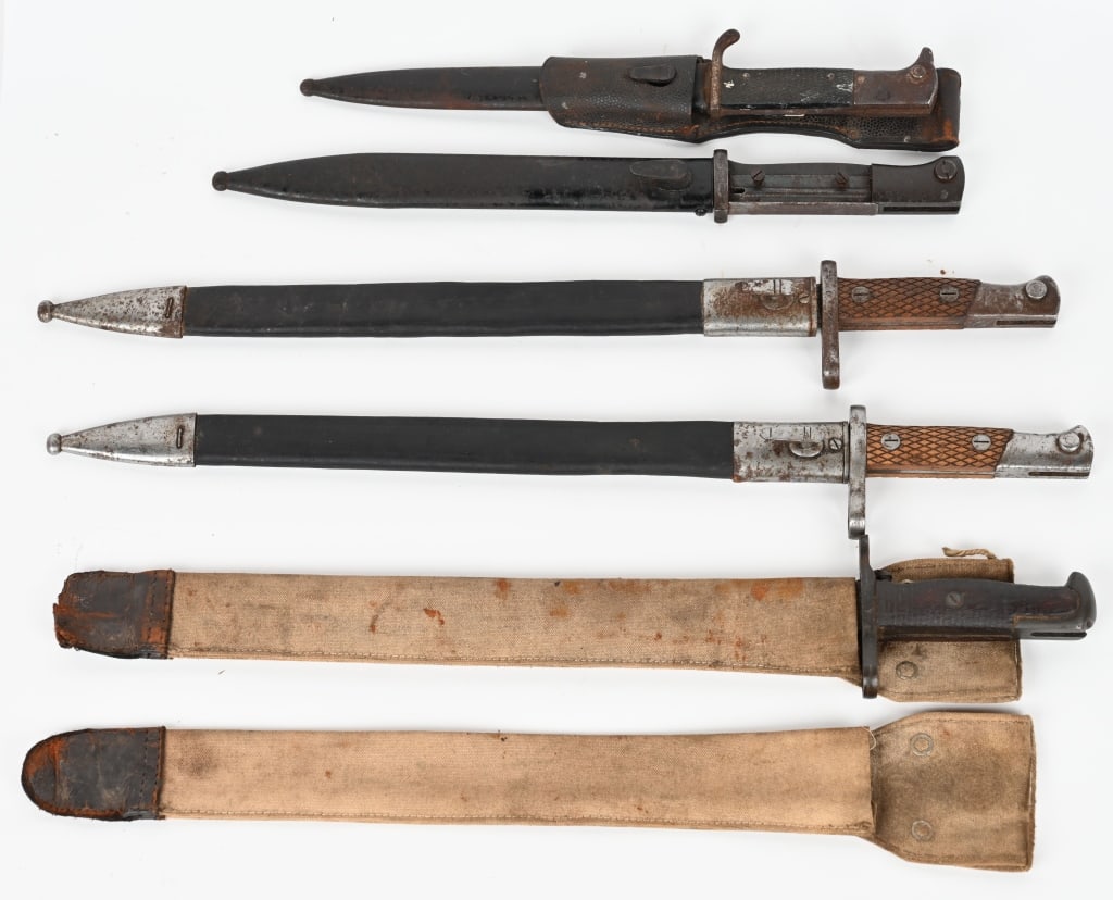 LOT OF VINTAGE BAYONETS: This lot contains:(2) Nacional Toledo Rifle Sword Bayonet Scabbard Artilleria FCA 78470 Spanish M1913.(1) Original U.S. WWI M1905 Springfield 16 inch Rifle Bayonet by R.I.A. Dated 1919, with scabbard(