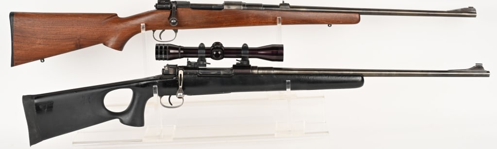 LOT OF 2 MAUSER 98 BOLT ACTION RIFLES UNKOWN CAL.: 1- SERIAL NUMBER: 13133 BARREL: 22" CALIBER: Unknown bore DIA. is .355 maybe 35 Whelen. Light blue finish with polymer thumbhole stock and Redfield 4X scope mounted. ( THIS RIFLE SHOULD BE CHECKED BY