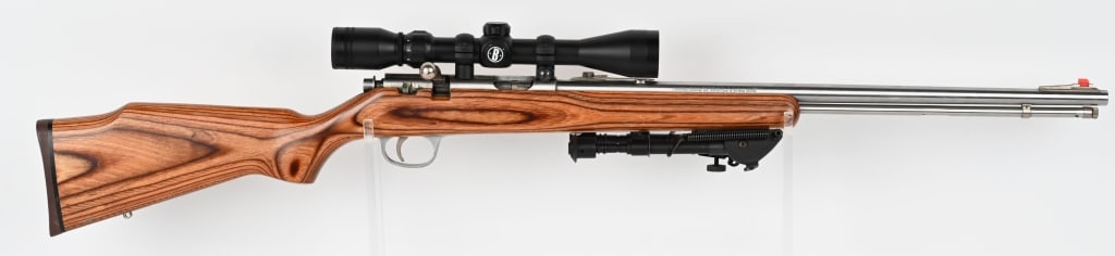 MARLIN MODEL 883SS BOLT RIFLE W/BIPOD & SCOPE: SERIAL NUMBER: 97653691. BARREL: 22". CALIBER: .22 WMR. This model 883SS features a stainless steel barrel and mag tube, pistol grip laminated stock, fixed front blade sight, sporting rear sight, sigh