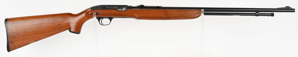 J.C. HIGGINS MODEL 31 SEMI AUTO RIFLE 22 S.L. LR.: SERIAL NUMBER: N.S.N. BARREL: 24" CALIBER: 22 S.L.LR. MANUFACTURED: 1953 - 1962. Metal is blue steel with ramped front and buckhorn style rear sights. Wood is hardwood with oil finish and plastic butt