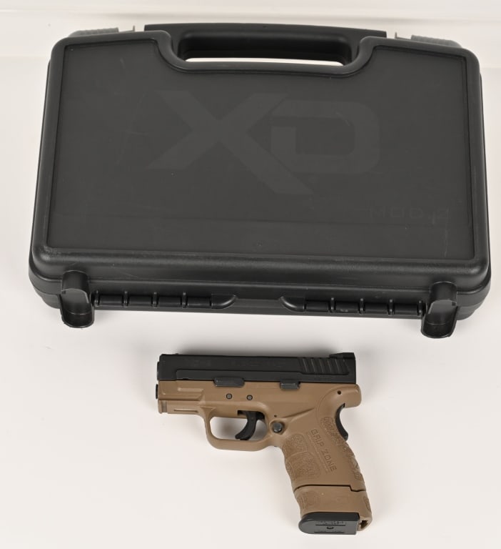 SPRINGFIELD ARMORY XD MOD.2 FDE PISTOL AND CASE: SERIAL NUMBER: GM974241. BARREL: 3". CALIBER: 9MM. MANUFACTURED: 2010s. Made in Croatia. Factory Fiber Optic Front, Low Profile Combat Rear sights, blued slide and FDE color "Grip Zone" polymer grip/f
