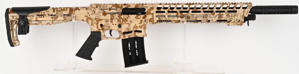 PANZER ARMS AR-12 12GA SEMI-AUTO SHOTGUN DIG CAMO: SERIAL NUMBER: YD-18-01880. BARREL: 20". CALIBER: 12GA 3" MAGNUM SHELLS. The AR-12 Shotgun from PW Arms a semi-automatic shotgun, patterned after the AR15 platform, aptly named "AR TWELVE". This shotg