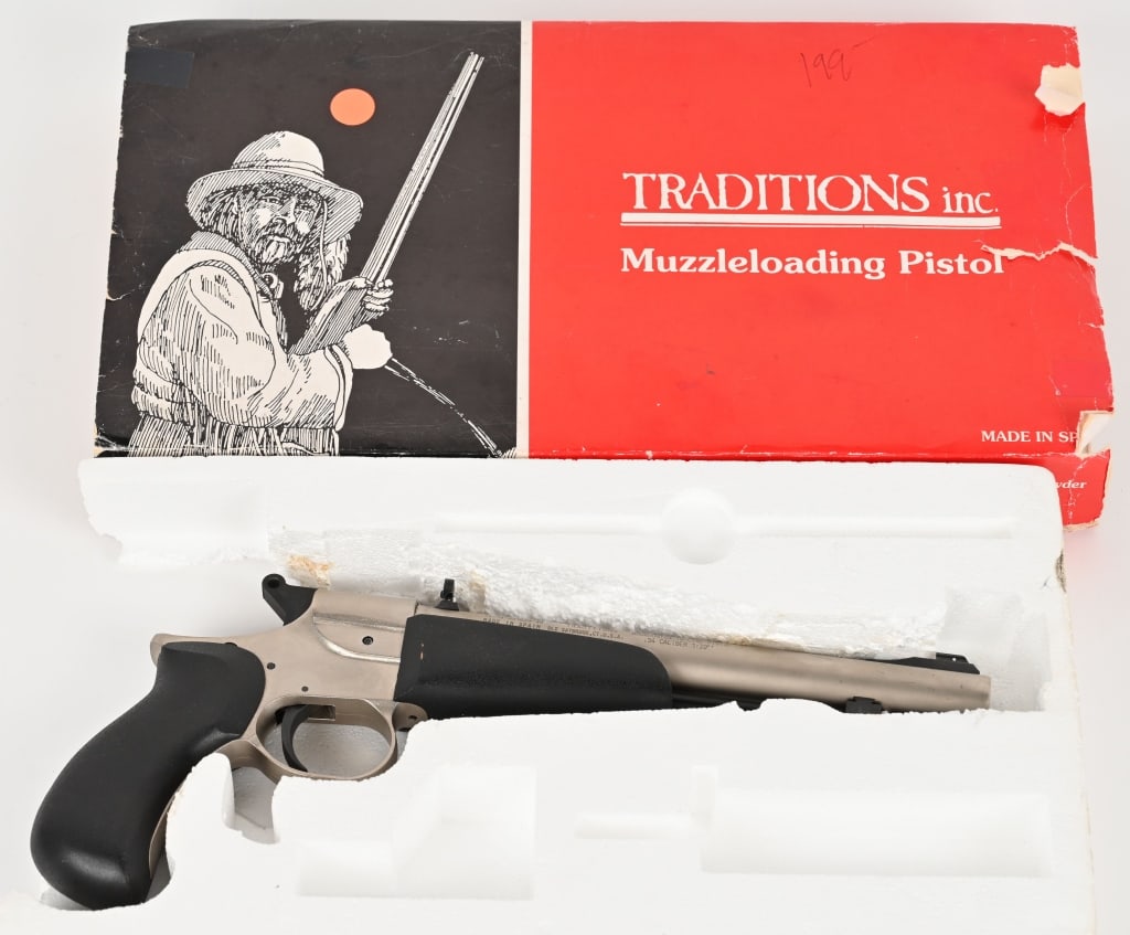 TRADITIONS BUCKHUNTER .45 BLACKPOWDER PISTOL: SERIAL NUMBER: NSN. BARREL: 9 1/8". CALIBER: .54. This in-line single shot black powder pistol also features a weather resistant satin nickel finish and polymer furniture. Front ramped blade with whit