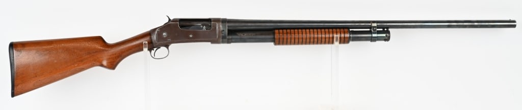 PRE WAR WINCHESTER MODEL 97 PUMP ACTION SHOTGUN: SERIAL NUMBER: E748503. BARREL: 28". GAUGE: 16 GA. CHOKE: FULL. CHAMBER: 3". LOP: 13". MANUFACTURED: 1925. This classic pump-action shotgun features an external hammer, 5 round tubular magazine, match