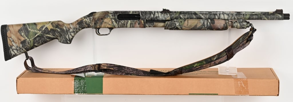MOSSBERG MODEL 835 CAMO PUMP ACTION SHOTGUN: SERIAL NUMBER: UM884367. BARREL: 20". GAUGE: 12 GA, CHAMBER: 3". LOP: 13 ?". This Model 835 crown grade shotgun features a 6-shot tube magazine, Mossy Oak camo, Interchangeable choke (comes with MOD a