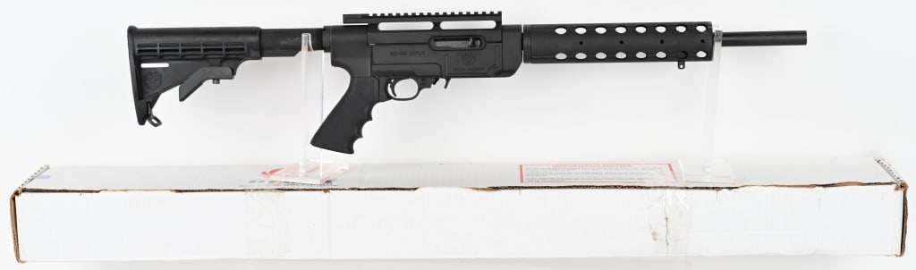 RUGER SR-22 SEMI AUTOMATIC 22 RIFLE W/ BOX: SERIAL NUMBER: 280-16808. BARREL: 16". CALIBER: 22LR. MANUFACTURED: 2010. This rifle features black matte finished receiver, barrel and handguard. Handguard is drilled and tapped for rails and other a