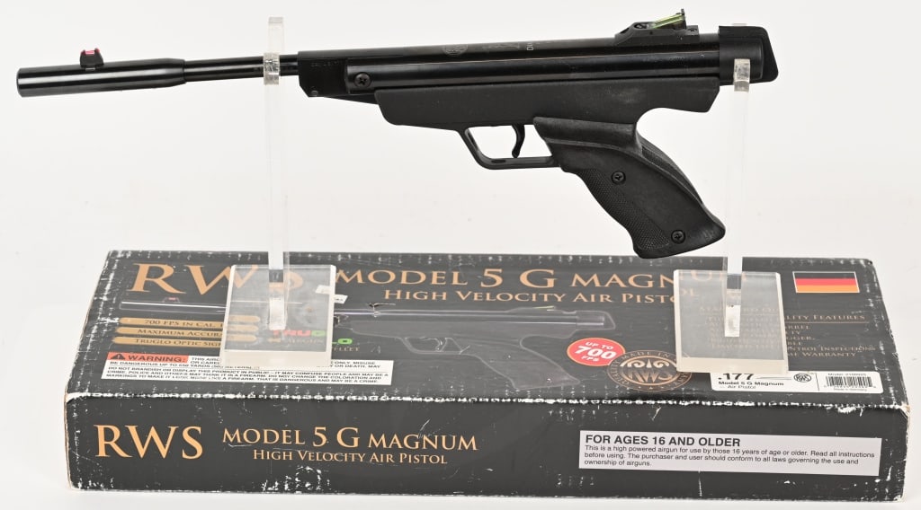 RWS DIANA MODEL 5 G MAGNUM AIR PISTOL .177 CAL: This RWS break barrel pistol in 4.5mm / .177, made in Germany, features: a fully rifled barrel, automatic safety, adjustable trigger, fiber optic sights, target grip and scope compatablity. Factory bo