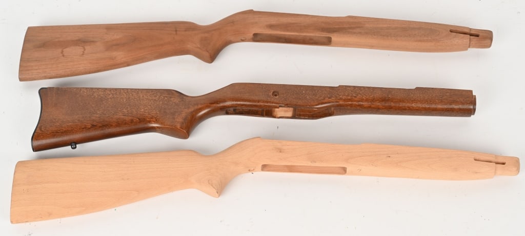LOT OF RIFLE STOCKS: Lot contains: (2) M1 Carbine stocks, lower stock, wood only, unfinished (1) Ruger Mini 14 wood stock, finished