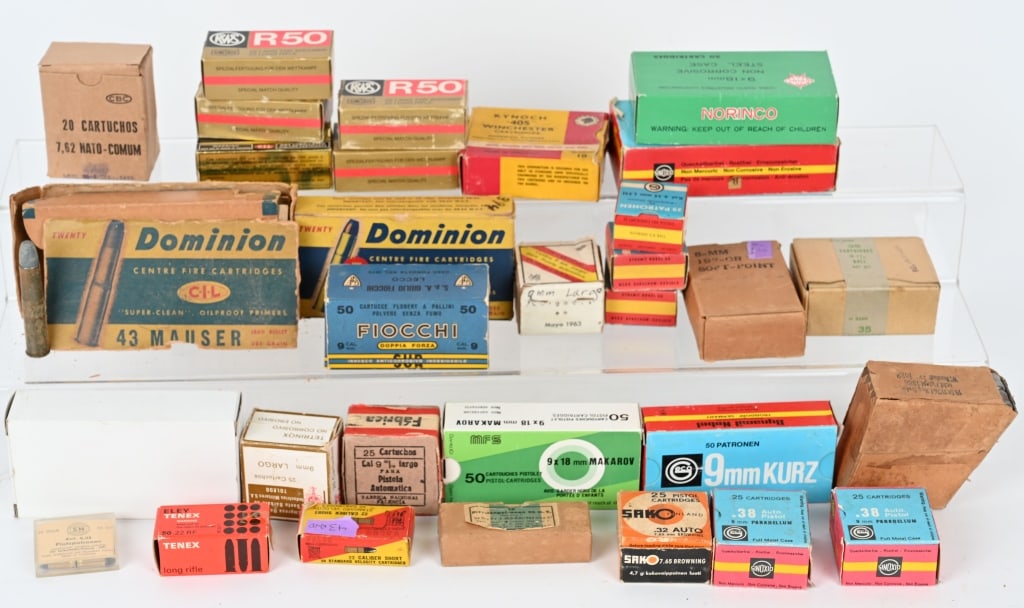 LOT OF COLLECTOR GEOGRAPHICALY INTERESTING AMMO: Lot of ammunition from the contains: (1) Box, two clips 5 rounds each Austrian Military 11mm Mannlicher 50 rounds GECO, made in Germany 9mm KURZ 50 rounds MFS, made in Hungary, 9x18 Makarov 50 rounds 