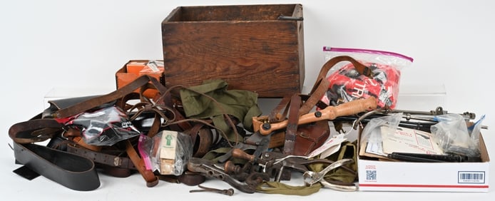 LARGE LOT OF SLINGS, HOLSTERS, VINTAGE LITERATURE+