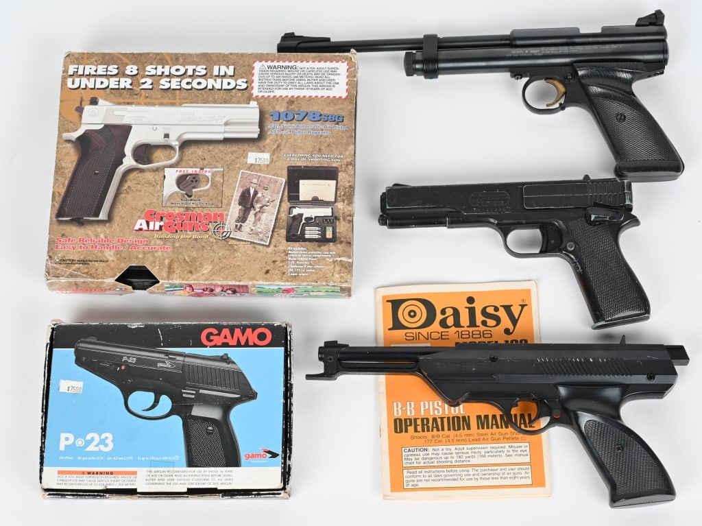 LOT OF BB AND PELLET AIR PISTOLS: (1) Marksman Repeater BB M1911 style air pistol in .177 caliber. CONDITION: used (1) Daisy Model 188 BB air pistol in .177 caliber. CONDITION: Good, handling and storage marks (1) Crossman 1008 Repeat
