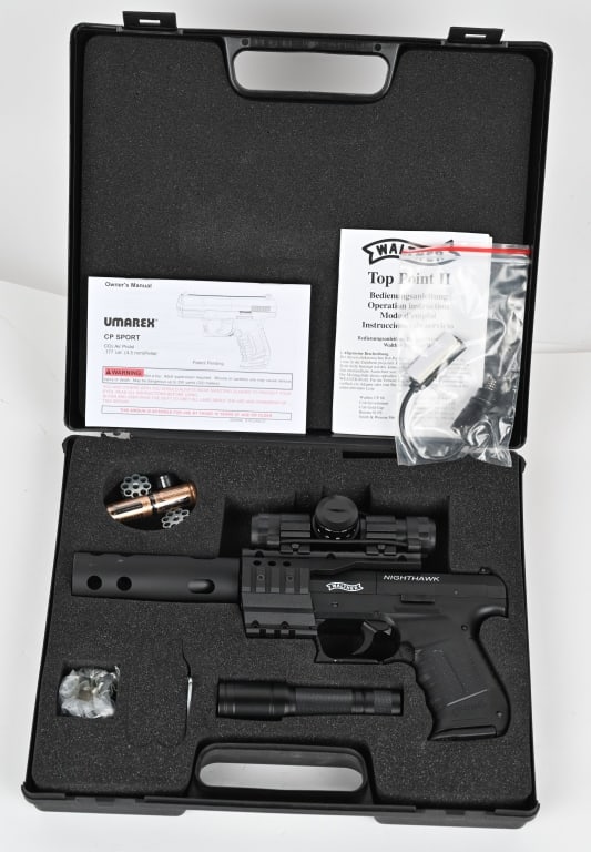 WALTHER NIGHTHAWK AIR PELLET PISTOL AND CASE: SERIAL NUMBER: J44062356. BARREL: 3.25". CALIBER: .177 Detachable compensator, Red dot sight with 11 brightness settings, Side-mounted tactical Walther flashlight, 8-shot CO2 repeater system, Grip mou