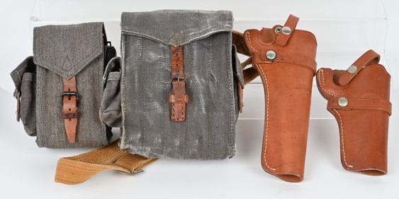 LOT OF AK47 MAGAZINES W/POUCHES AND REVOLVER HOLSS