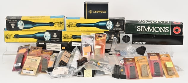 LOT OF VINTAGE RIFLE SCOPES & ASSORTED PISTOL MAGS