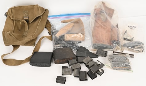 LOT OF GUN PARTS, AK STOCK, M1 CLIPS, STRIPPER