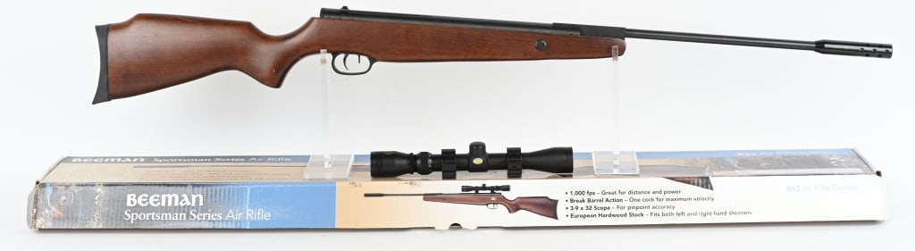 BEEMAN RS2 SPORTSMAN AIR RIFLE WITH SCOPE: SERIAL NUMBER: 00101943 BARREL: 20" CALIBER: 5.5 / 22. Air rifle has Blued finish on receiver and barrel. Receiver shows light scratch on left side. Stock is wood with few dings and light scratch's. S