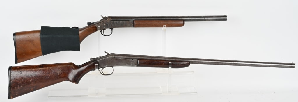 LOT OF TWO VINTAGE BREAK ACTION SHOTGUNS: H&R TOPPER BREAK ACTION M48 12 GA SHOTGUN SERIAL NUMBER: 7498. BARREL: 18 1/2". GAUGE: 12 GA. CHOKE: IC. CHAMBER: 2 ?". LOP: 14 ?". MANUFACTURED: 1943-1956. This H&R break action shotgun features Case