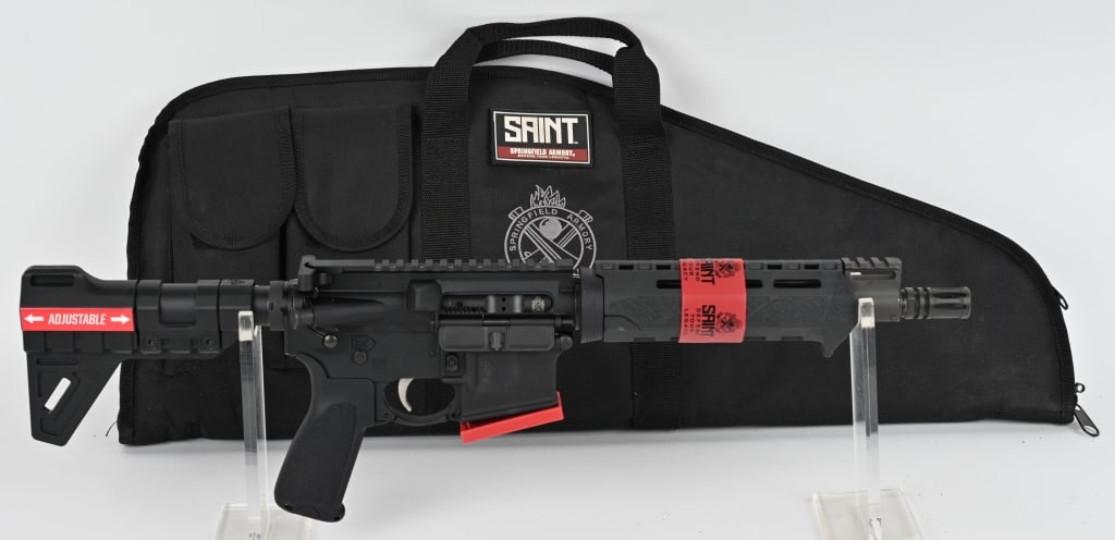 SPRINGFIELD ARMORY SAINT AR15 PISTOL: SERIAL NUMBER: ST219810. BARREL: 10 ?". CALIBER: 5.56X45MM. This SAINT PISTOL features upper receiver is forged 7075 T6 aluminum, type III hardcoat anodized, forward Assist, M4 feed ramps, lower recei
