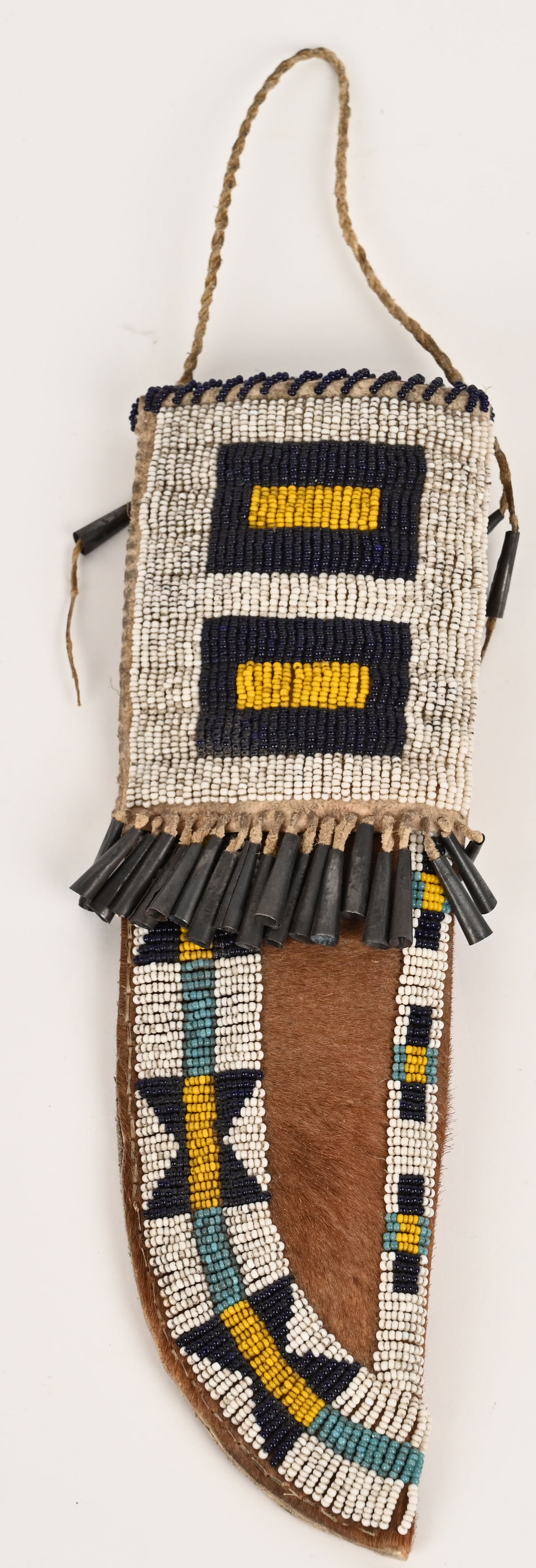 SIOUX BEADED SHEATH: Hide sheath with blue, white, yellow. Includes a skinner knife.