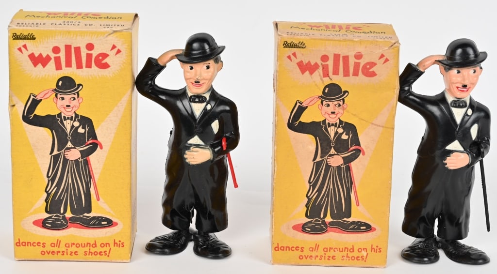 2-RELIABLE WINDUP "WILLIE" CHARLIE CHAPLIN w/ BOX: Made in Canada. Pair of knockoff Charlie Chaplin plastic windups. Both work and Boxed 7 1/2" Excellent