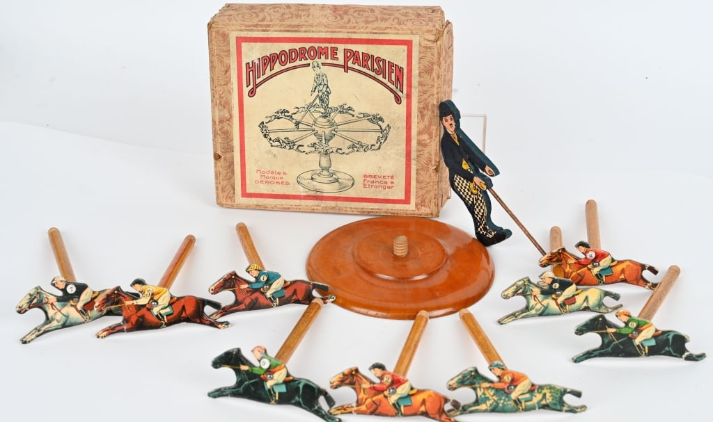 CHARLIE CHAPLIN HIPPODROME PARISIEN w/ BOX: Great looking wooden Horse Race Game with Charlie Chaplin. Not complete. Made in France. Boxed 8" Excellent