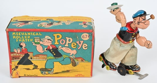 LINEMAR TIN WINDUP POPEYE ROLLER SKATER w/ BOX
