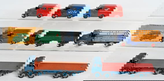 8- VINTAGE DINKY TOY TROJANS & TRUCKS