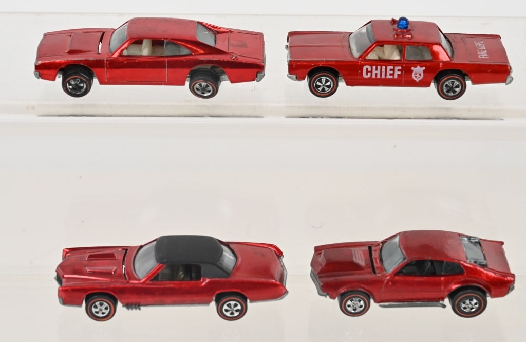 4- HOT WHEELS RED LINES: Includes Cruiser, Mighty Maverick, missing spoiler Custom Dodge Charger, and Custom Eldorado. All original in excellent condition.