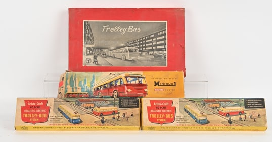 4- ASTRO-CRAFT ELECTRIC TROLLEY-BUS SETS w/ BOXES