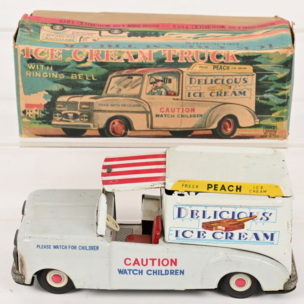 JAPAN TIN FRICTION DELICIOUS ICE CREAM TRUCK: All original in great condition. friction works. Missing freezer door. Boxed 8" Excellent
