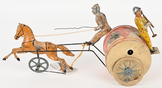 GERMAN HAND PAINTED HORSE PULLING DRUM w/ CLOWNS
