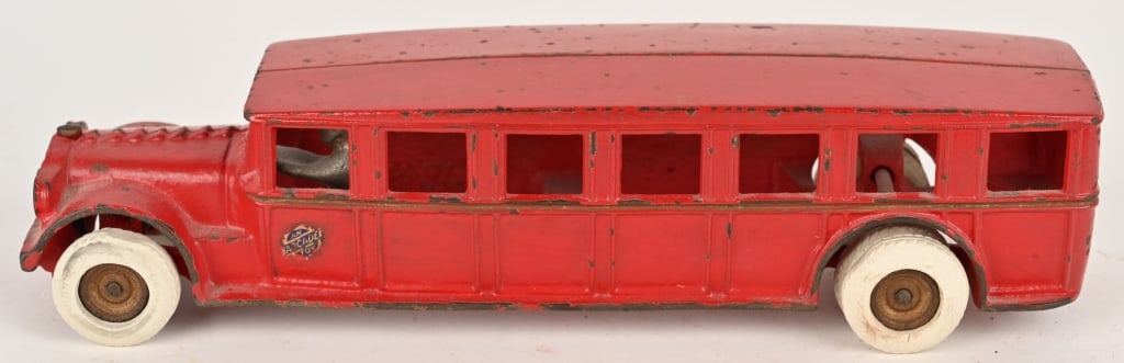 ARCADE CAST IRON FAGEOL SAFETY COACH BUS: All original with nice paint and decals. No breaks or repairs. Rubber tires have been replaced. 12" Excellent