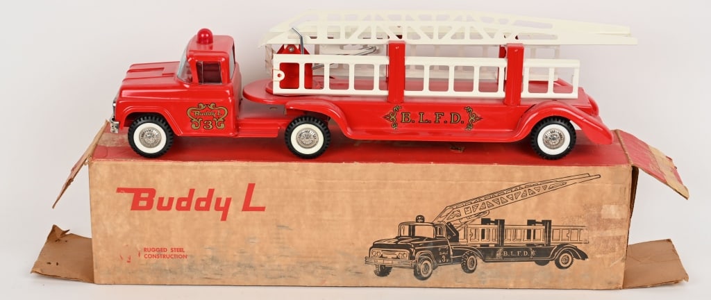 BUDDY L AERIAL LADDER TRUCK w/ BOX: Buddy L Aerial Ladder truck. Very nice paint and decals. Does not look played with. 27" Excellent