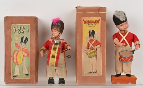 2- PREWAR CELLULOID WINDUP DRUMMER BOYS w/ BOX