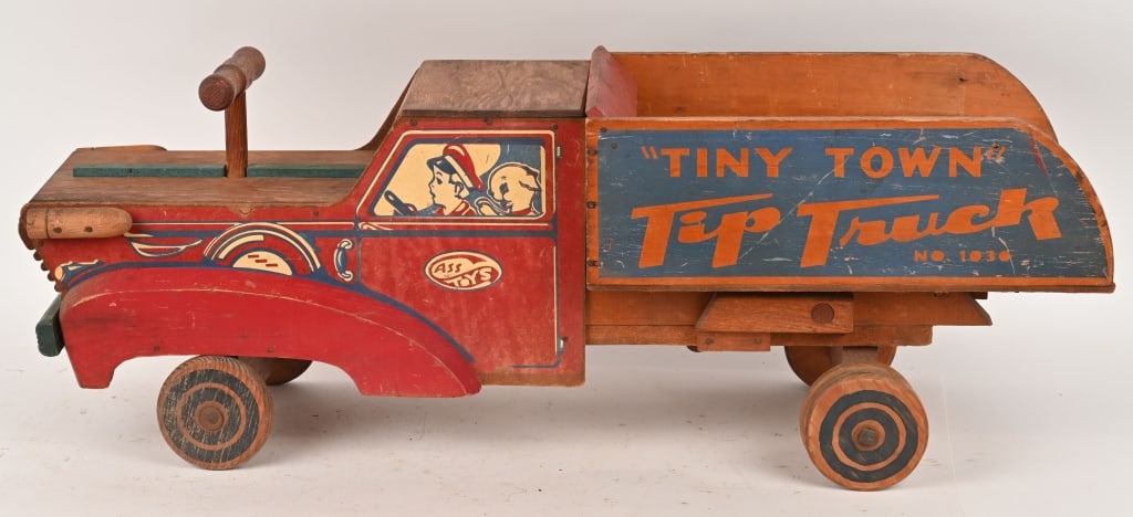 CASS TOYS TINY TOWN TIP RIDE-ON TRUCK: All original large wooden Ride-On truck. Has some nice graphics. 36" Excellent