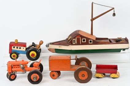 LOT OF FOLK ART TRACTORS & BOAT