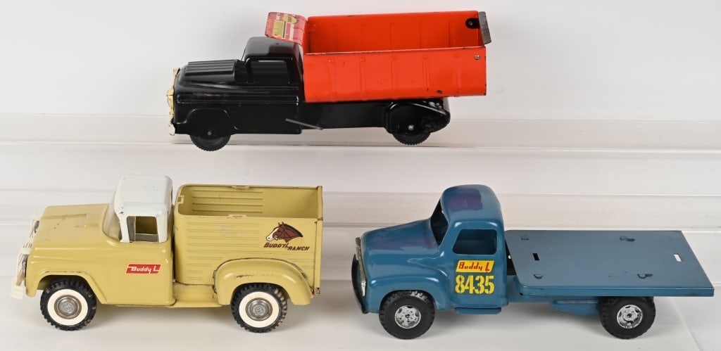 3- PRESSD STEEL TRUCKS: Includes Marx Dump Truck, Buddy L Ranch Truck, and Buddy L 8435 Air Force Truck. All original condition. AS-IS