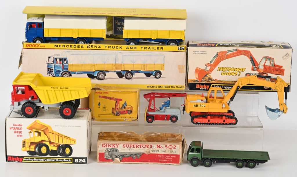 5- VINTAGE DINKY TOYS w/ BOXES: Includes #984 Atlas Digger, #924 Aveling-Bedford Centaur Dump Truck, #502 Foden Flat Truck, #50 Salev Crane, and #917 Mercedes Benz Truck and Trailer. All like new in Boxes