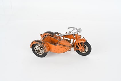 HUBLEY CAST IRON ORANGE MOTORYCLE & SIDECAR