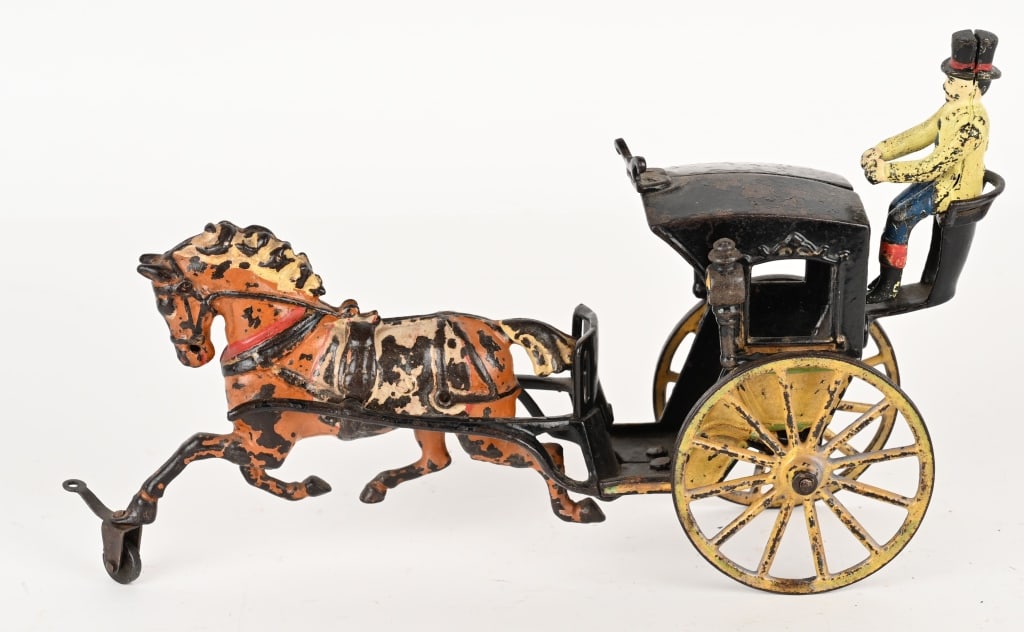 PRATT & LETCHWORTH CAST IRON HANSOM CAB: Original toy with no cracks or repairs. Cast iron driver has a glued leg. 12" Very Good