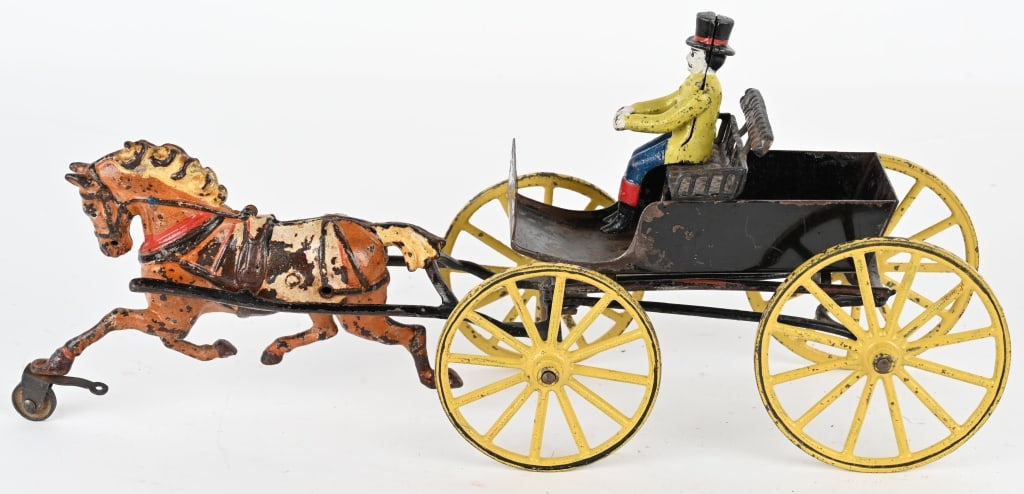 PRATT & LETCHWORTH CAST IRON ONE SEAT SURREY: Original toy with no cracks or repairs. The cast iron driver appears to be a correct replacement. 15" Very Good