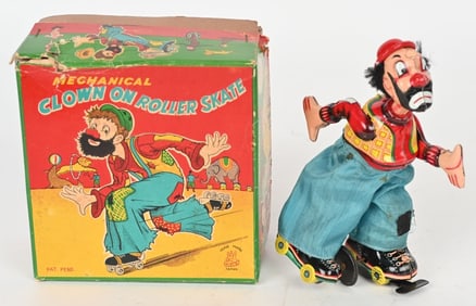 TPS TIN WINDUP CLOWN ROLLER SKATER "RARE" BOX